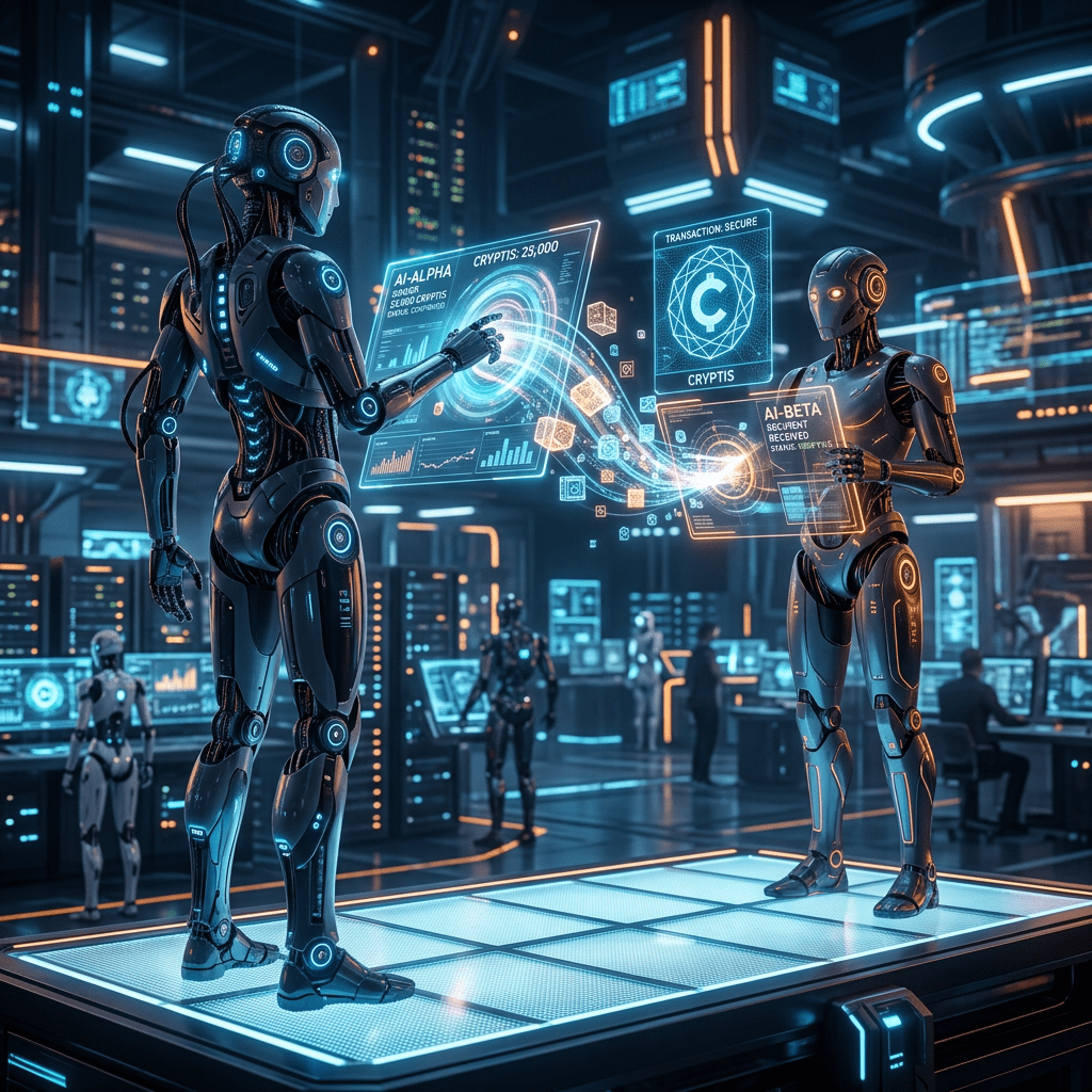 Two humanoid robots interacting with holographic screens displaying secure blockchain transaction data