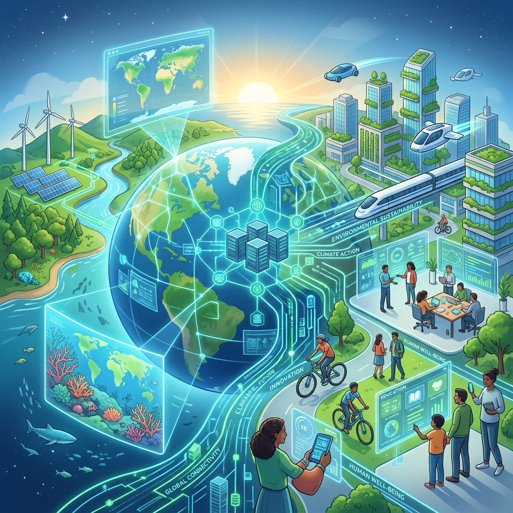 Smart city with green buildings, renewable energy, and digital global connectivity for climate action