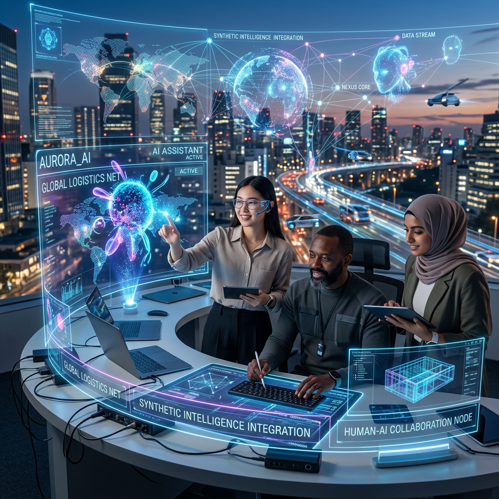 Three people using holographic AI displays for global logistics and synthetic intelligence integration
