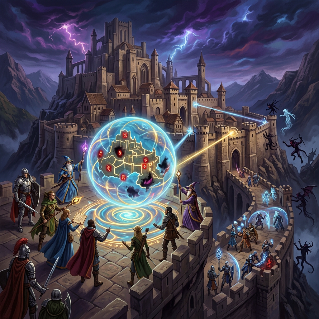 Medieval heroes and wizards protecting a fortified castle with magical shields and spells against dark creatures during a stormy night