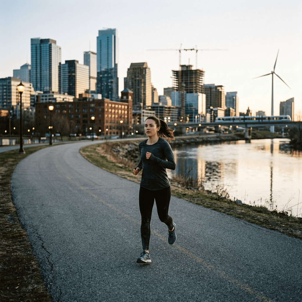 Woman jogging on paved path beside river with city buildings behind