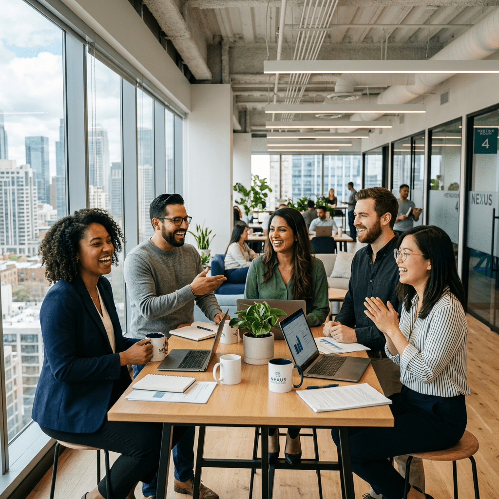 Five coworkers laughing and discussing around a table with laptops and documents